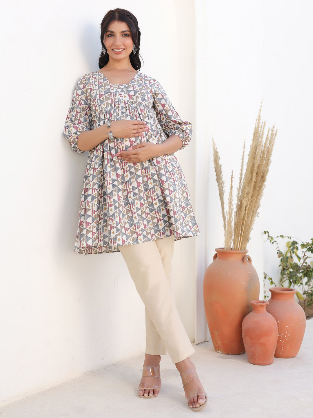 Janasya Light Cotton Geometric A-Line Tunic - Distacart
