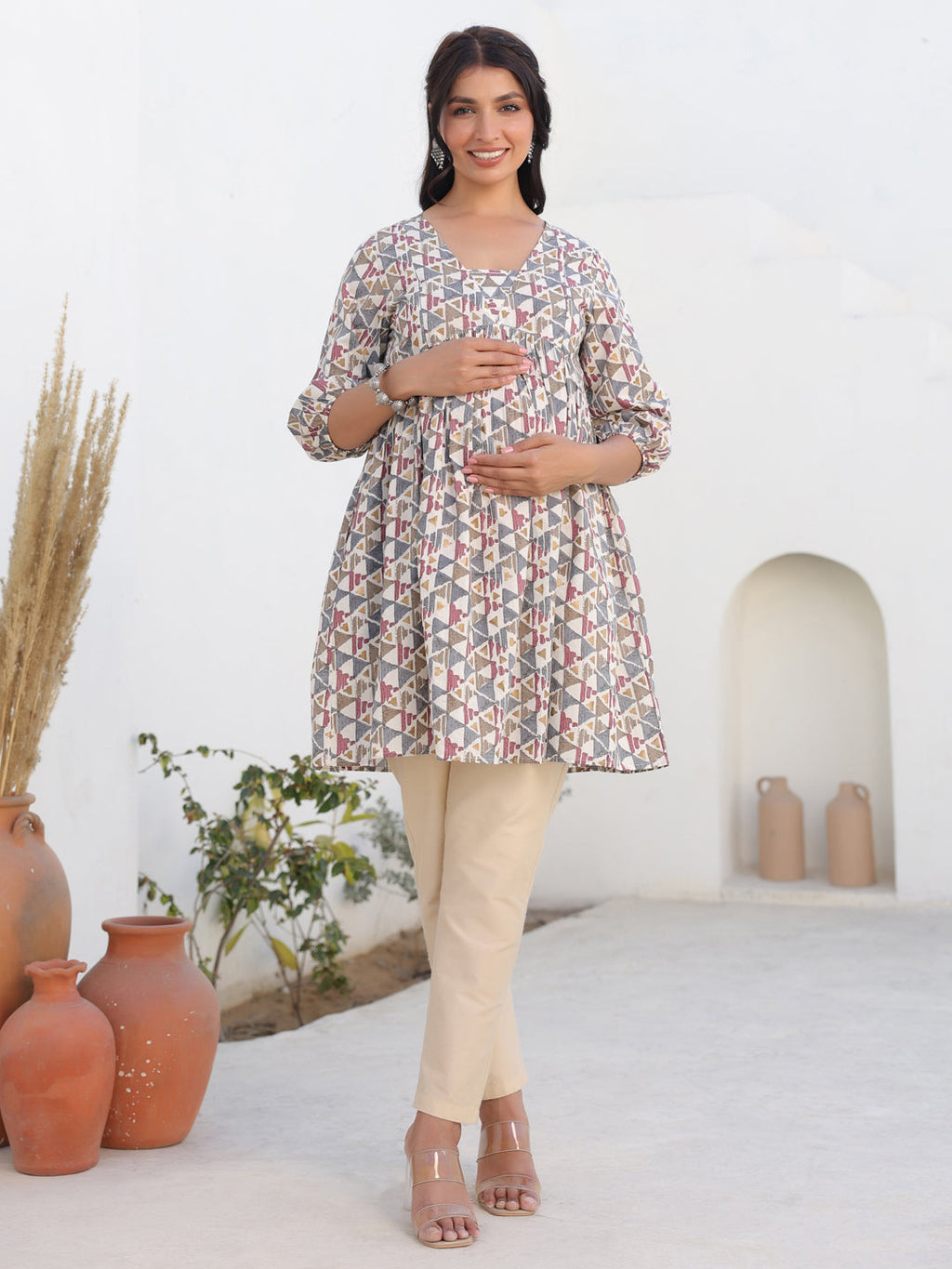 Janasya Light Cotton Geometric A-Line Tunic - Distacart