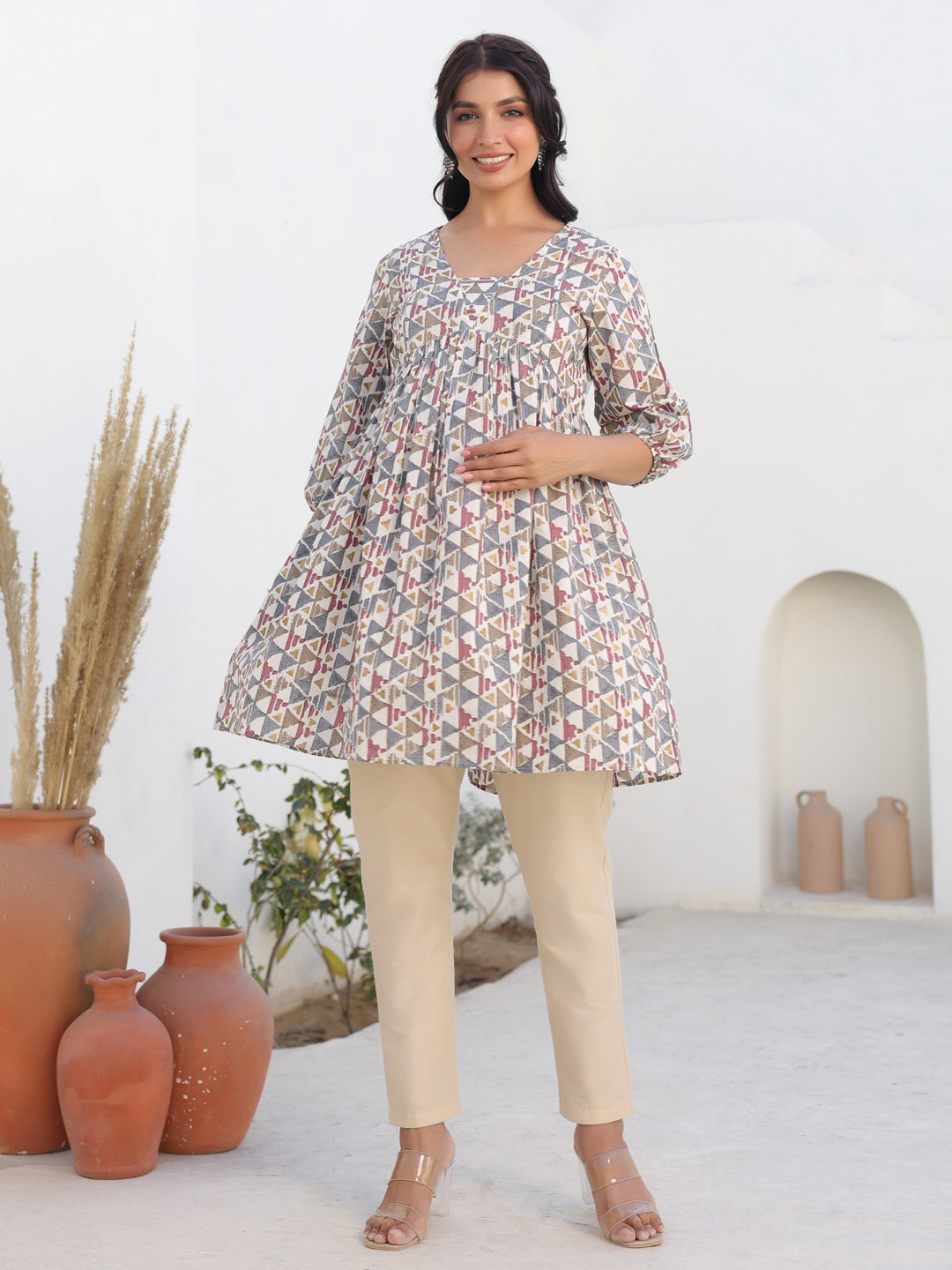 Janasya Light Cotton Geometric A-Line Tunic - Distacart