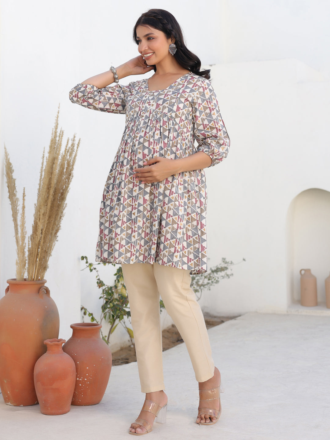 Janasya Light Cotton Geometric A-Line Tunic - Distacart