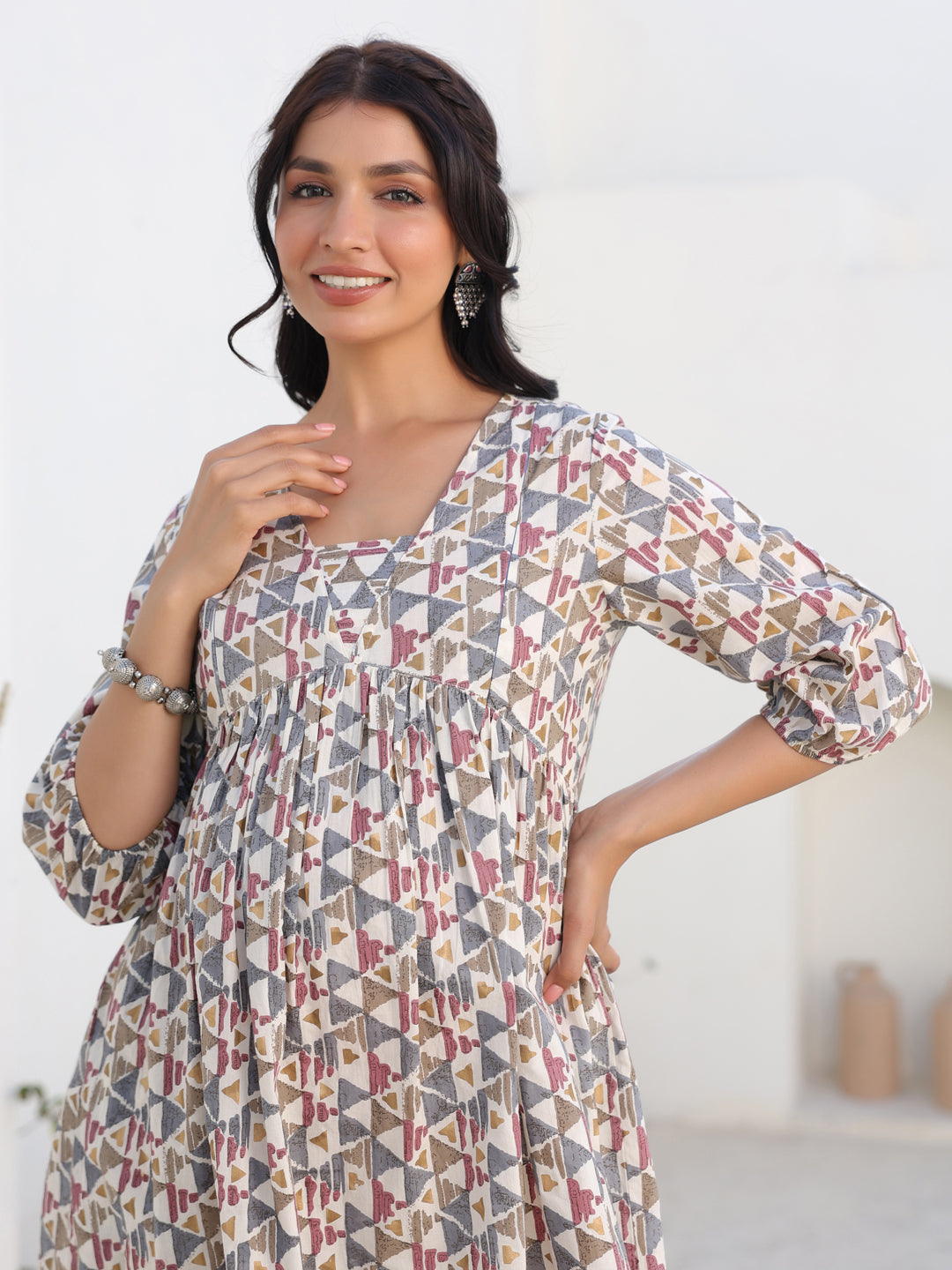 Janasya Light Cotton Geometric A-Line Tunic - Distacart