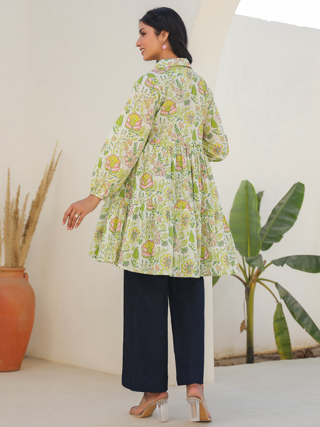 Janasya Bright Cotton Floral Tiered Tunic