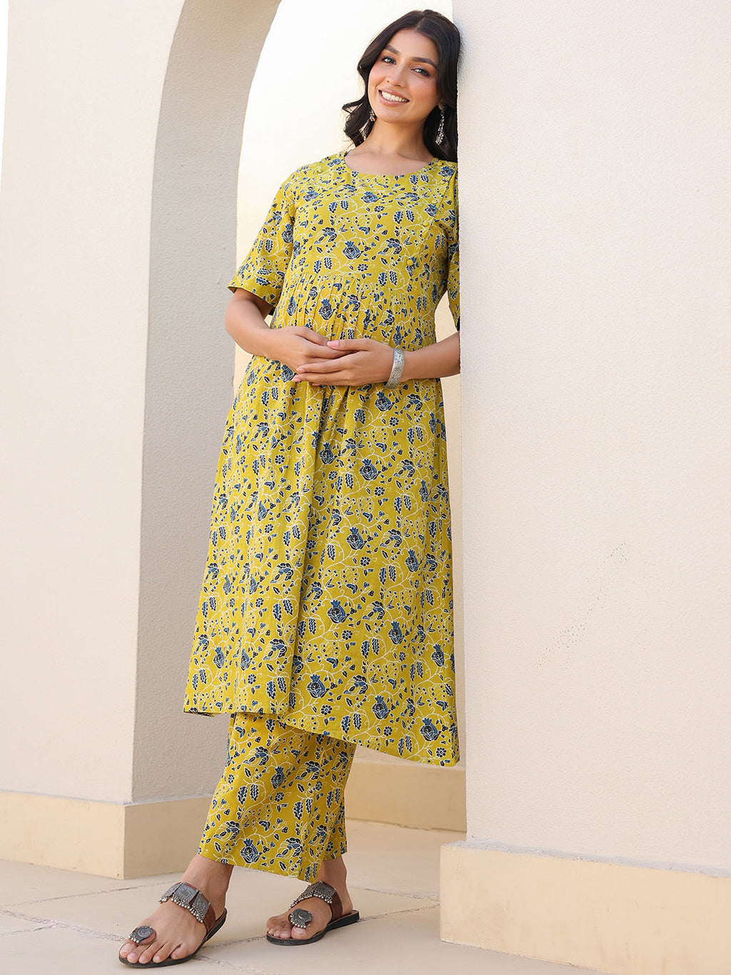 Janasya Bright Cotton Floral A-Line Top & Bottom Set - Distacart