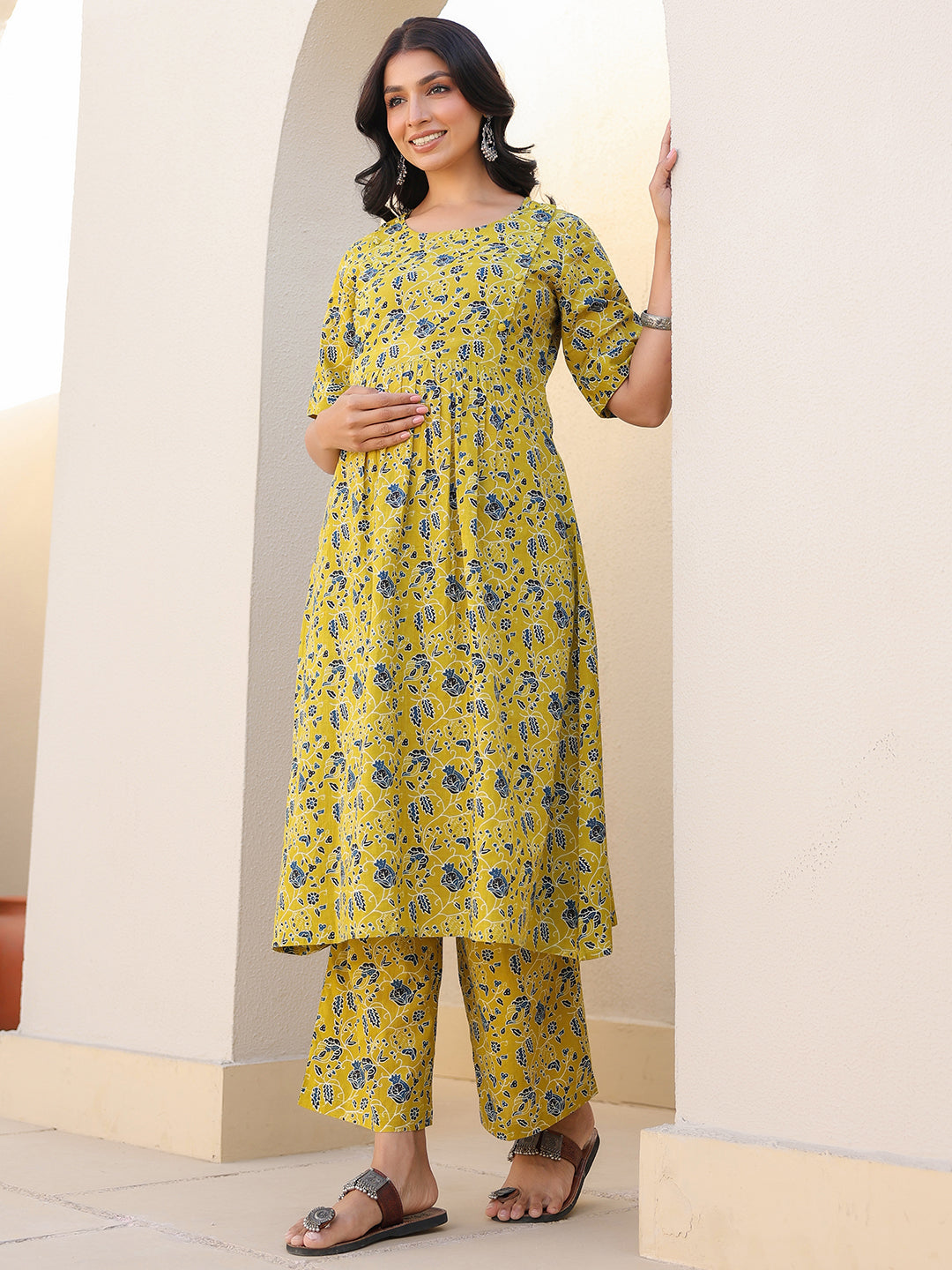Janasya Bright Cotton Floral A-Line Top & Bottom Set - Distacart