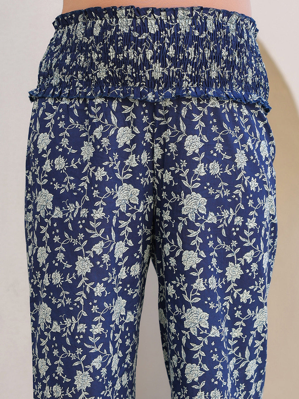 Janasya Dark Cotton Floral Gathered Top & Bottom Set - Distacart