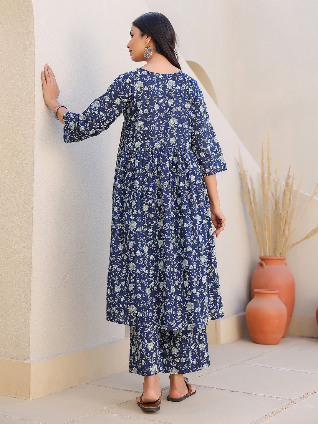 Janasya Dark Cotton Floral Gathered Top & Bottom Set - Distacart