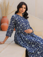 Janasya Dark Cotton Floral Gathered Top & Bottom Set - Distacart