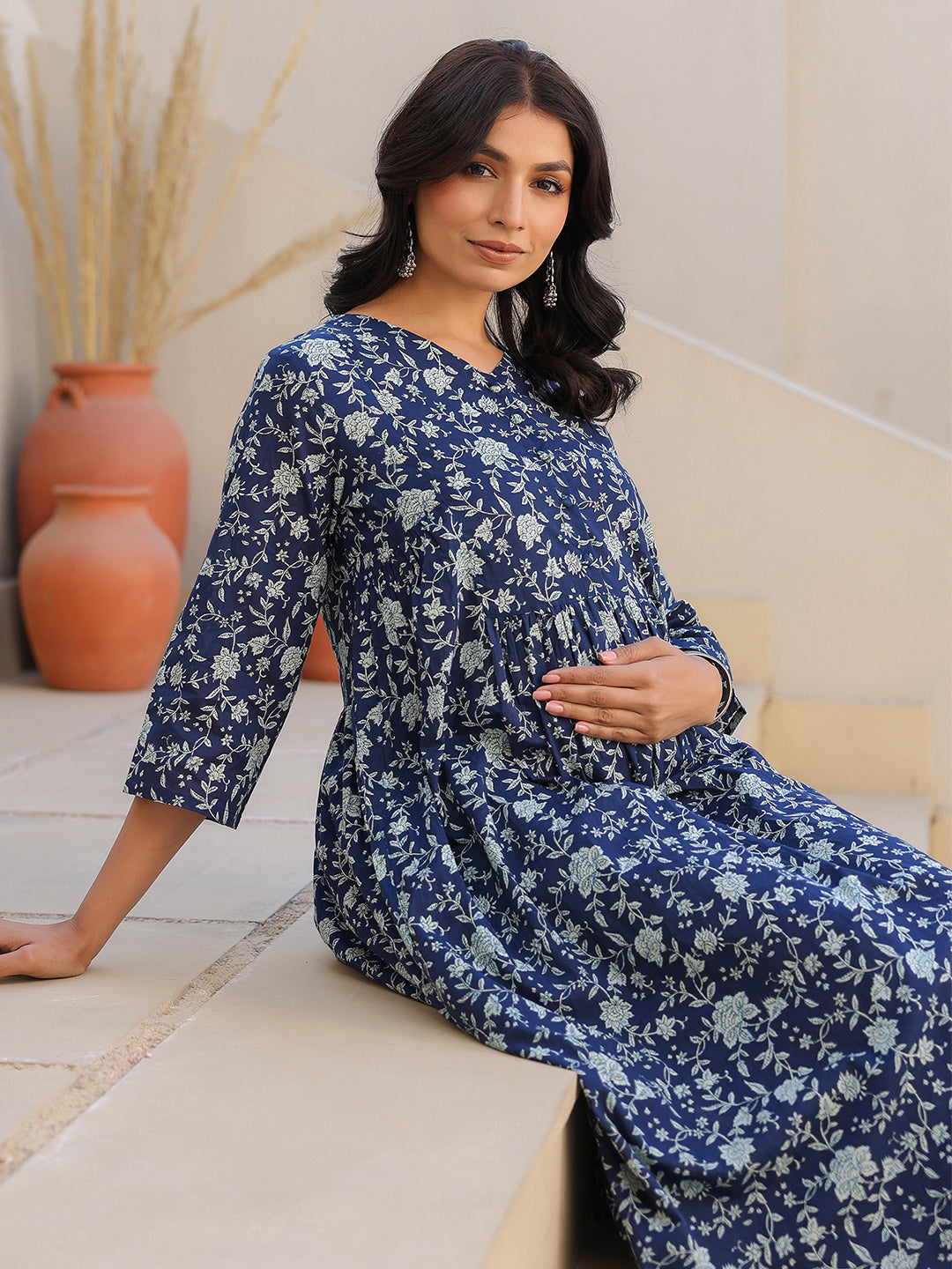 Janasya Dark Cotton Floral Gathered Top & Bottom Set - Distacart