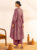 Janasya Dark Cotton Ethnic Motifs A-Line Kurta Set