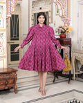 Miravan Women's Magenta Pure Cotton Long Puff Sleeve Gathered Tiered Loose Fit A-Line Dress - Distacart
