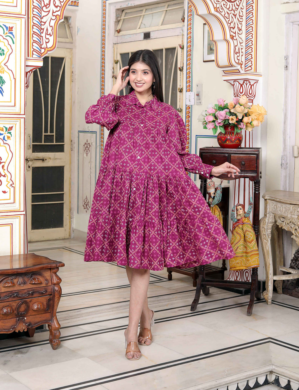 Miravan Women's Magenta Pure Cotton Long Puff Sleeve Gathered Tiered Loose Fit A-Line Dress - Distacart