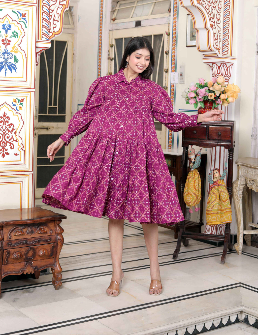 Miravan Women's Magenta Pure Cotton Long Puff Sleeve Gathered Tiered Loose Fit A-Line Dress - Distacart