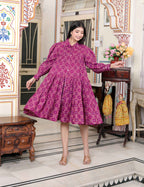 Miravan Women's Magenta Pure Cotton Long Puff Sleeve Gathered Tiered Loose Fit A-Line Dress - Distacart
