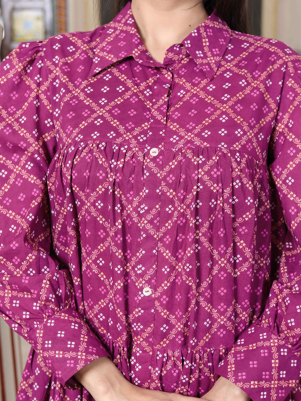 Miravan Women's Magenta Pure Cotton Long Puff Sleeve Gathered Tiered Loose Fit A-Line Dress - Distacart