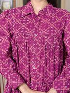 Miravan Women's Magenta Pure Cotton Long Puff Sleeve Gathered Tiered Loose Fit A-Line Dress - Distacart