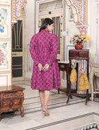Miravan Women's Magenta Pure Cotton Long Puff Sleeve Gathered Tiered Loose Fit A-Line Dress - Distacart