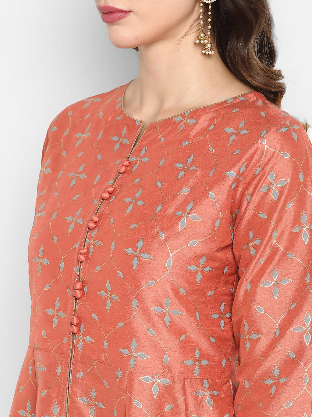 Janasya Peach & Grey Floral Print Anarkali Kurta with Palazzos & Dupatta - Distacart