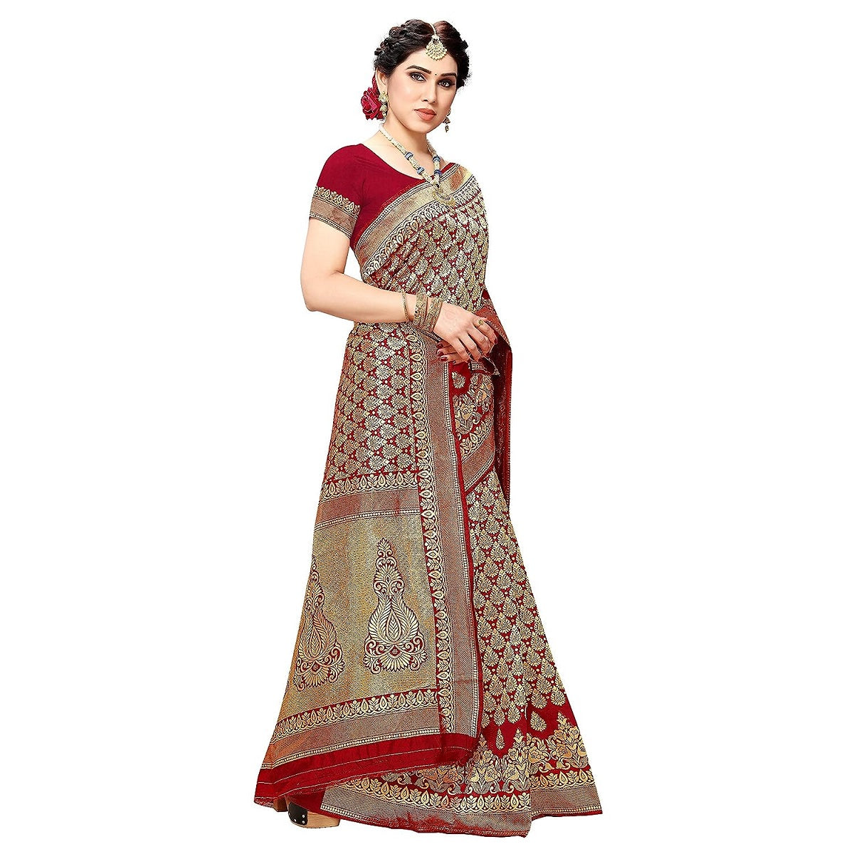Vamika Red Banarasi Jacquard Weaving Saree - Distacart