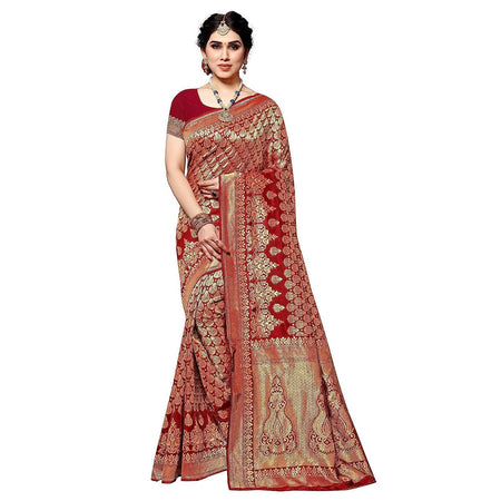 Vamika Red Banarasi Jacquard Weaving Saree
