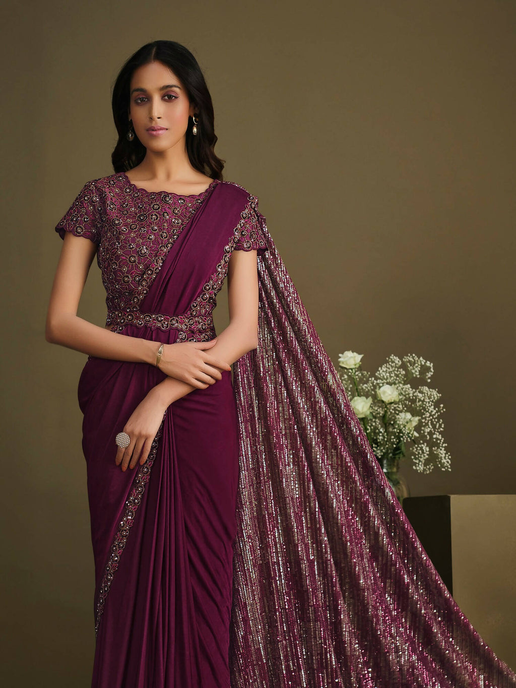 Maroon Crystal Silk Sequence Embroidered Saree With Stitched Blouse - Mohmanthan La Belle