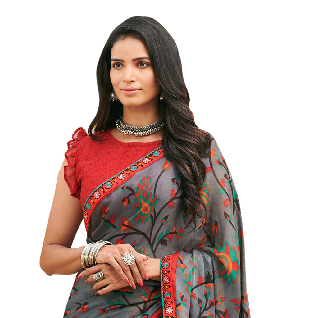 Vamika Grey Cadbury Chiffon Georgette Saree Saree