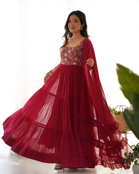 Evanik Women Maroon Festive Wear Embroidered Anarkali Kurta with Dupatta