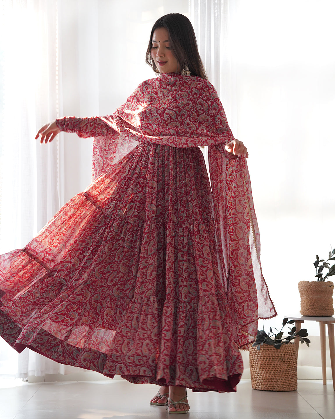 Lorenvalley Fashion Women Pure Soft Georgette Kalamkari Print Fully Flair Anarkali With Pant Dupatta Set - Maroon