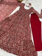 Lorenvalley Fashion Women Pure Soft Georgette Kalamkari Print Fully Flair Anarkali With Pant Dupatta Set - Maroon
