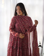 Evanik Maroon Pure Soft Georgette Kalamkari Print Fully Flair Anarkali With Pant Dupatta Set