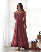 Lorenvalley Fashion Women Pure Soft Georgette Kalamkari Print Fully Flair Anarkali With Pant Dupatta Set - Maroon