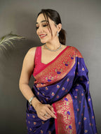 Joban Fashion Royal Blue Intricate Motifs Soft Silk Banarasi Saree