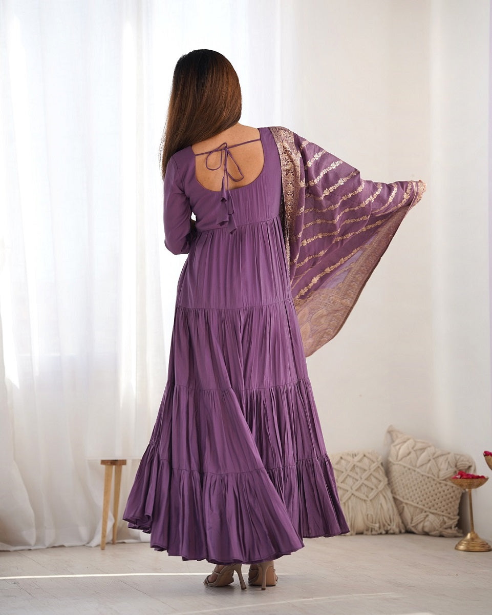 Evanik Mauve Pure Roman Silk Chanderi With Fully Flair Anarkali Pant With Dupatta