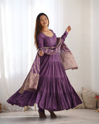 Evanik Mauve Pure Roman Silk Chanderi With Fully Flair Anarkali Pant With Dupatta