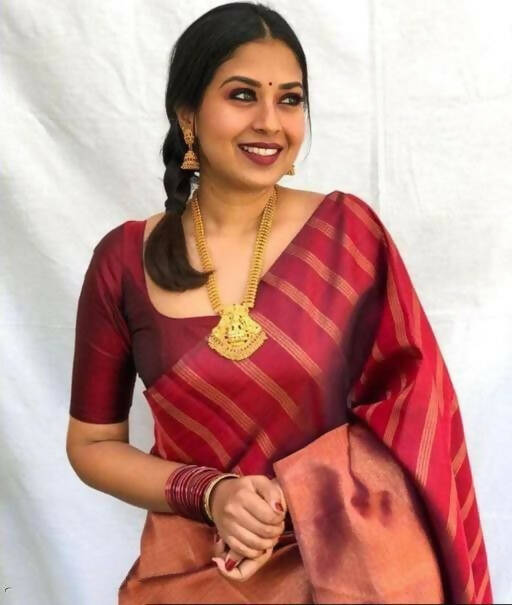 DEIANA'S Beautiful Designer Golden zari Soft Lichi Silk Saree - Brown