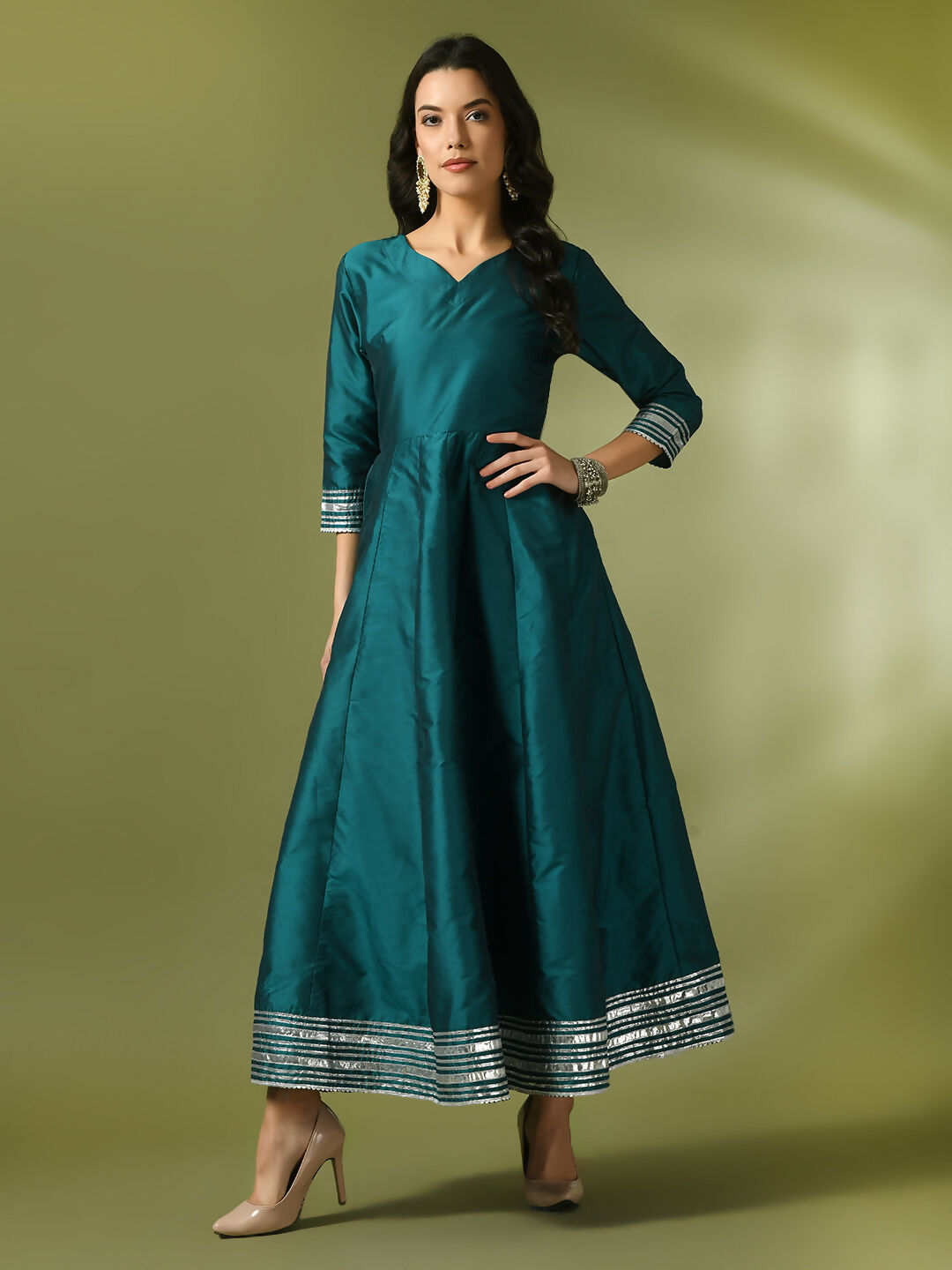 Myshka Women's Teal Solid Silk Anarkali Party Kurta