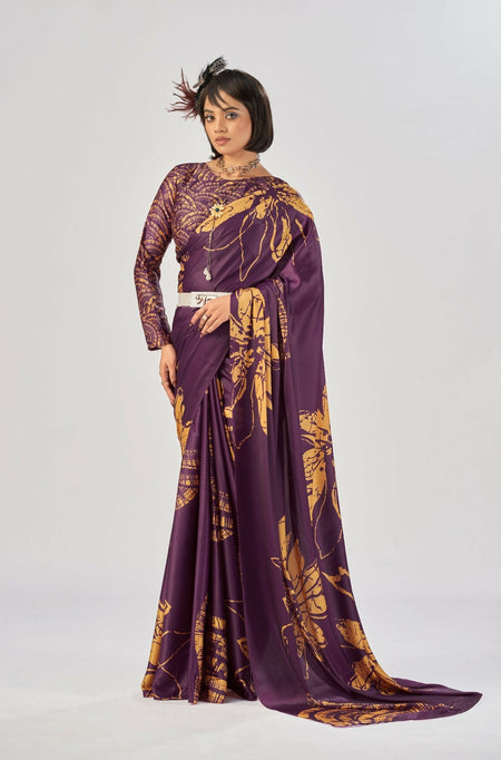 Vastranavya Wine Satin Silk Elegant Printed Saree with Unstitched Blouse