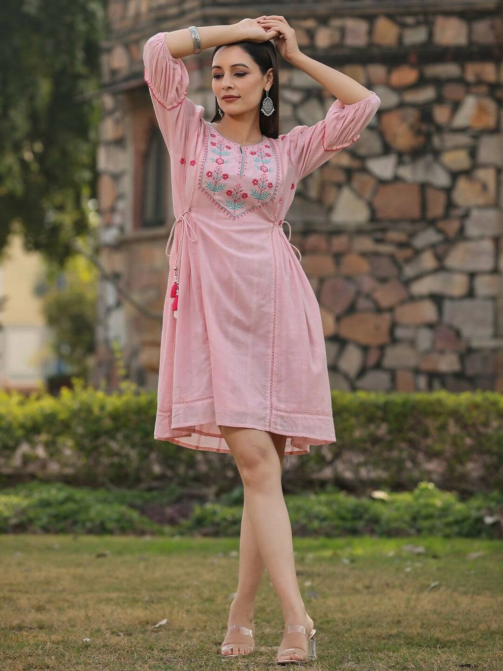 Juniper Women's Pink Cotton Dobby Embroidered Flared Dress - Distacart