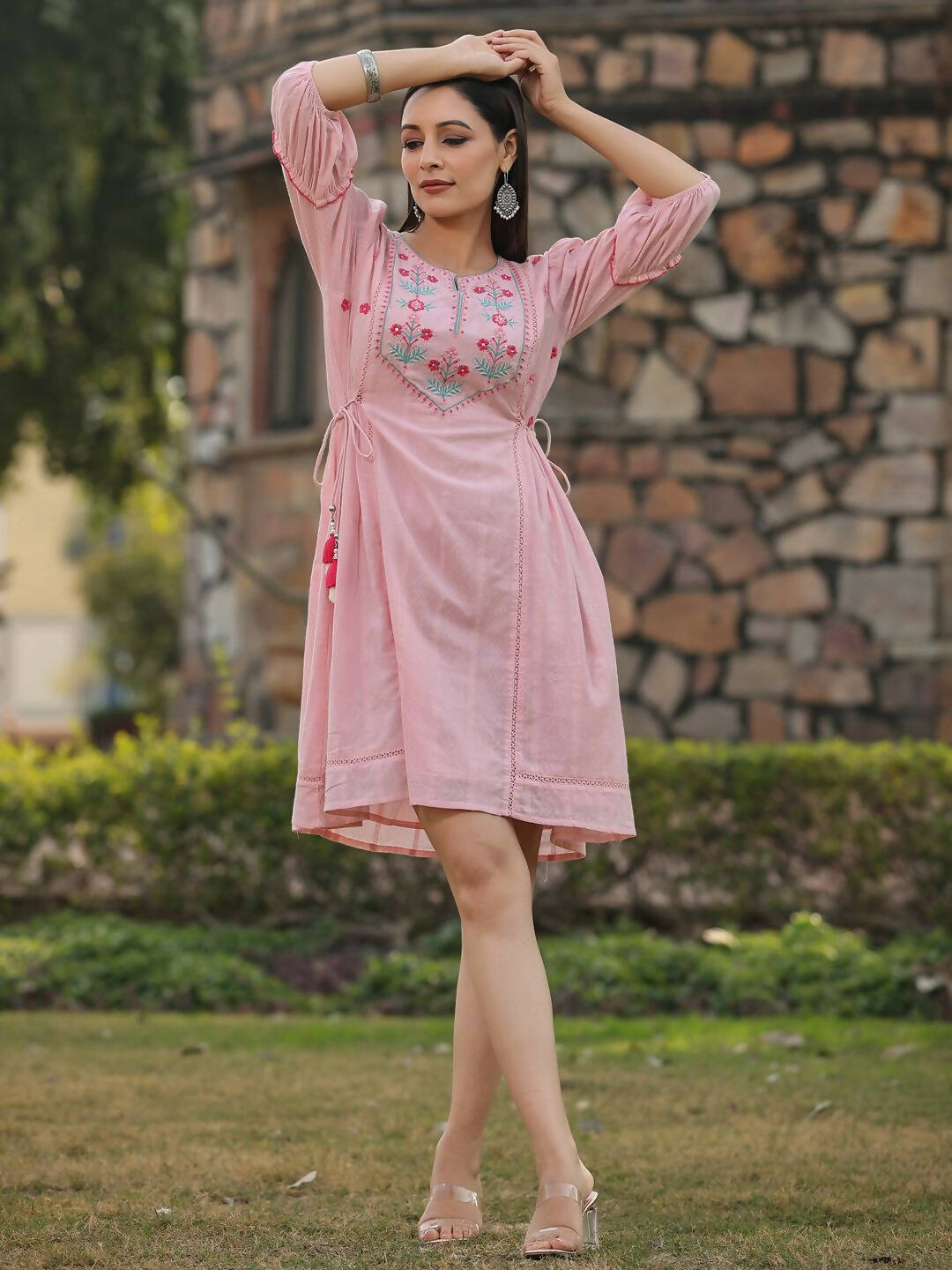 Juniper Women's Pink Cotton Dobby Embroidered Flared Dress - Distacart
