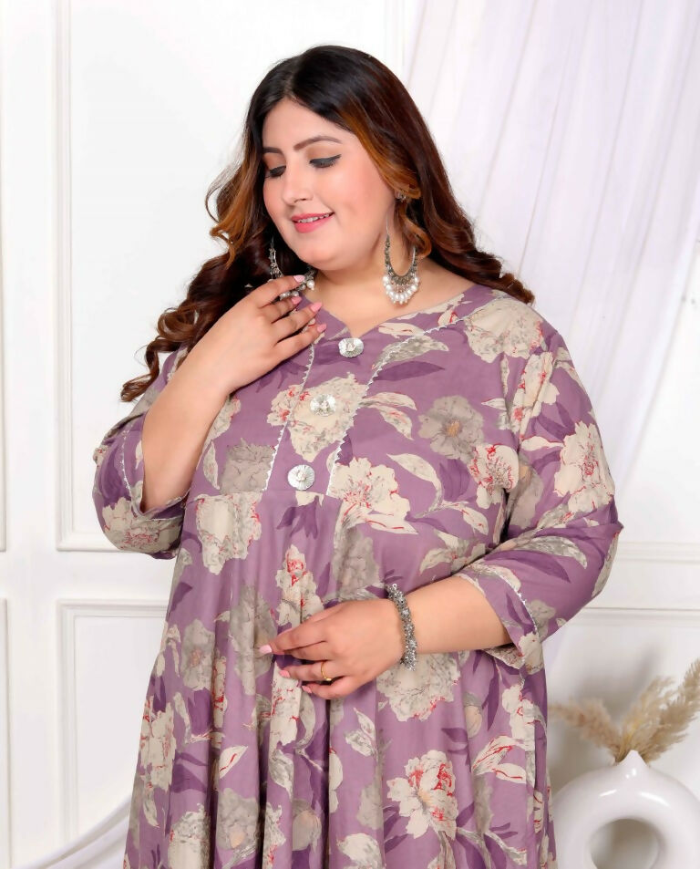Miravan Women's Plus Size Purple Flower Printed With Beautiful Lace Border Details Anarkali Kurta