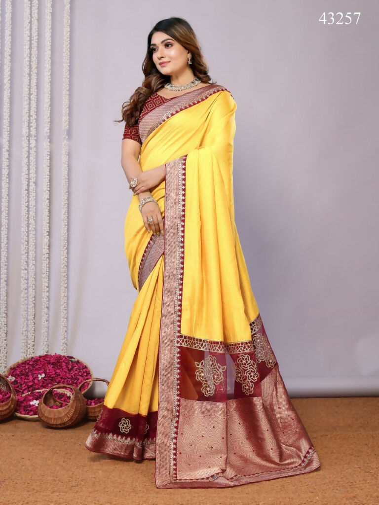 Yellow Silk Georgette Cord And Sequins Embroidery Laser Cut Applique Work Saree - Norita Saumya