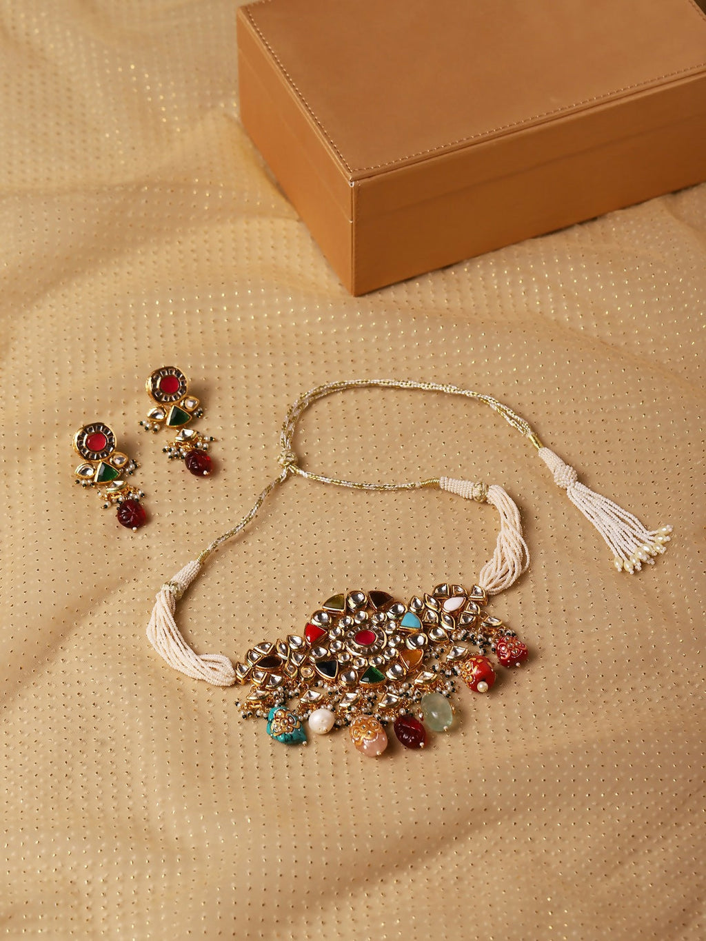 Maharani Multi Kundan Choker with Earrings- Ruby Raang
