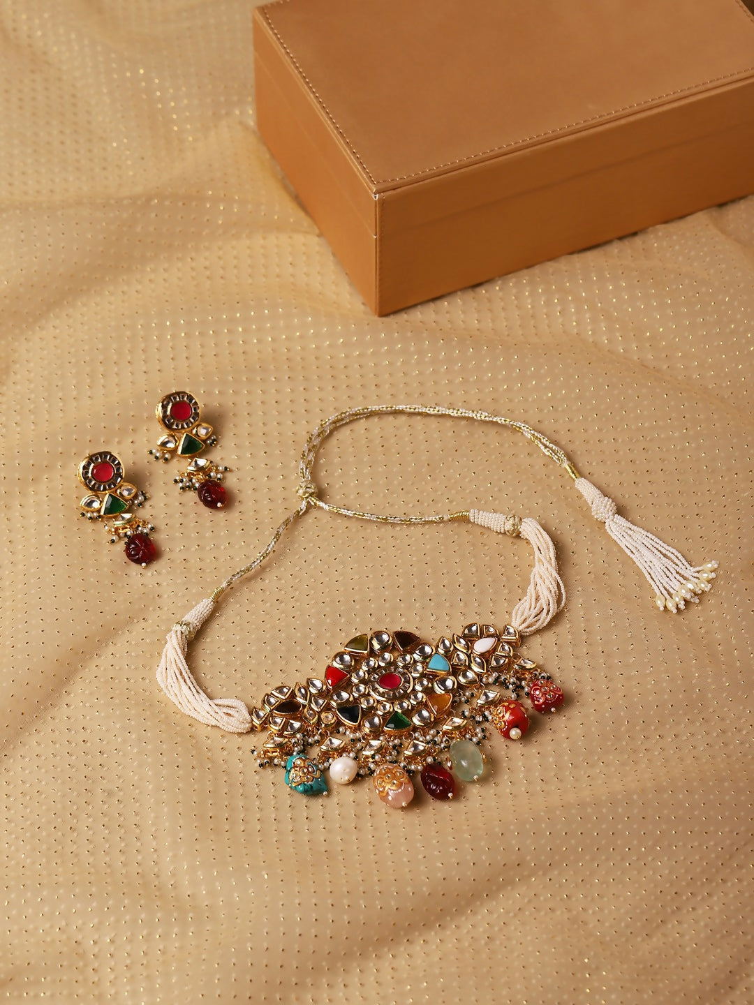 Maharani Multi Kundan Choker with Earrings- Ruby Raang