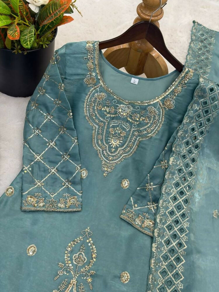 Teeya Creation Teal Color Gimmychu Silk Embroidery Work Wedding Wear Salwar Suit - Distacart