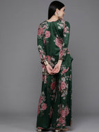 Ahalyaa Women Floral Printed Velvet Tunic with Palazzos - Green Color