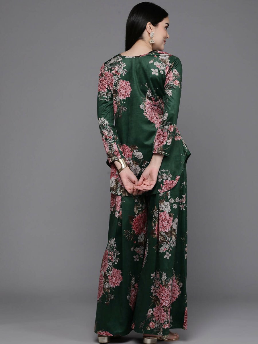Ahalyaa Women Floral Printed Velvet Tunic with Palazzos - Green Color