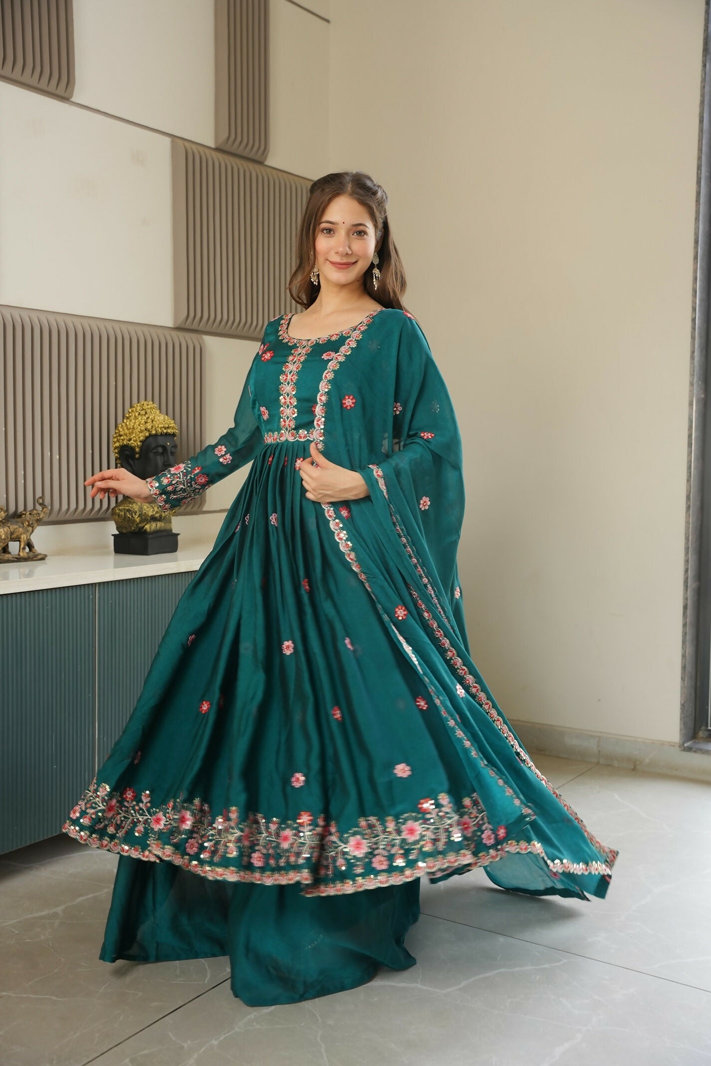 Teeya Creation Rama Color Heavy Crush Silk Wedding Wear Embroidery Work Long Gown - Distacart