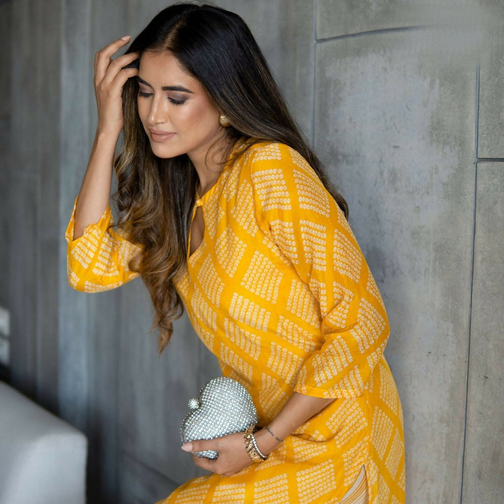 Aayaa Pure Muslin printed Kurti & Pant - Mustard