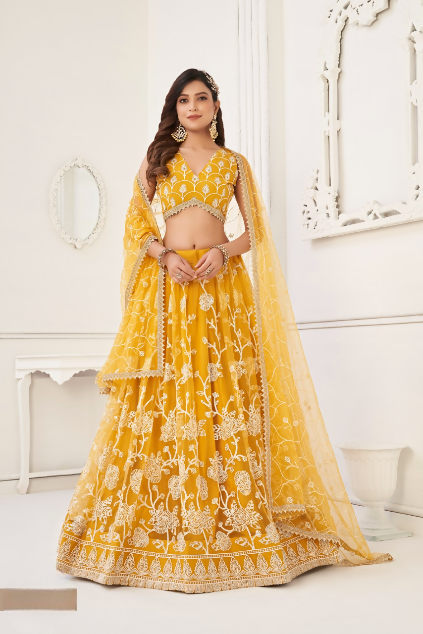 Eilara Women'S Mustard Butterfly Net With Sequins And Embroidery Work Lehenga Choli For Wedding