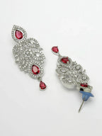 NVR Women Silver Plated & Maroon Cz Stone Handcrafted Jewellery Set