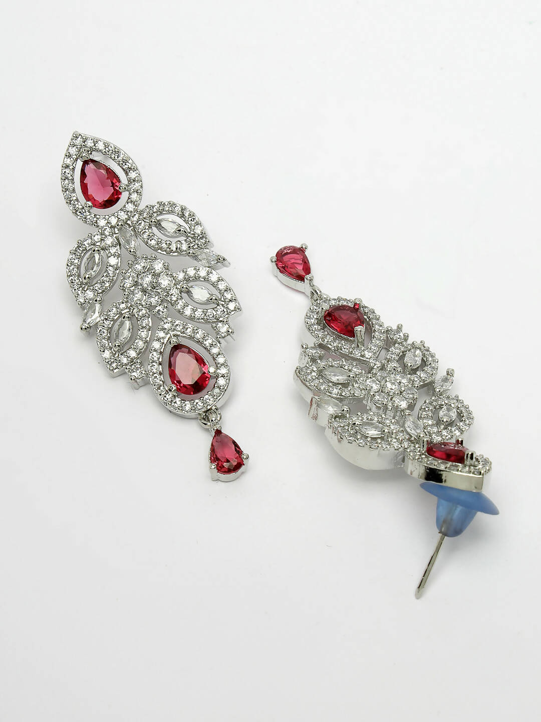 NVR Women Silver Plated & Maroon Cz Stone Handcrafted Jewellery Set